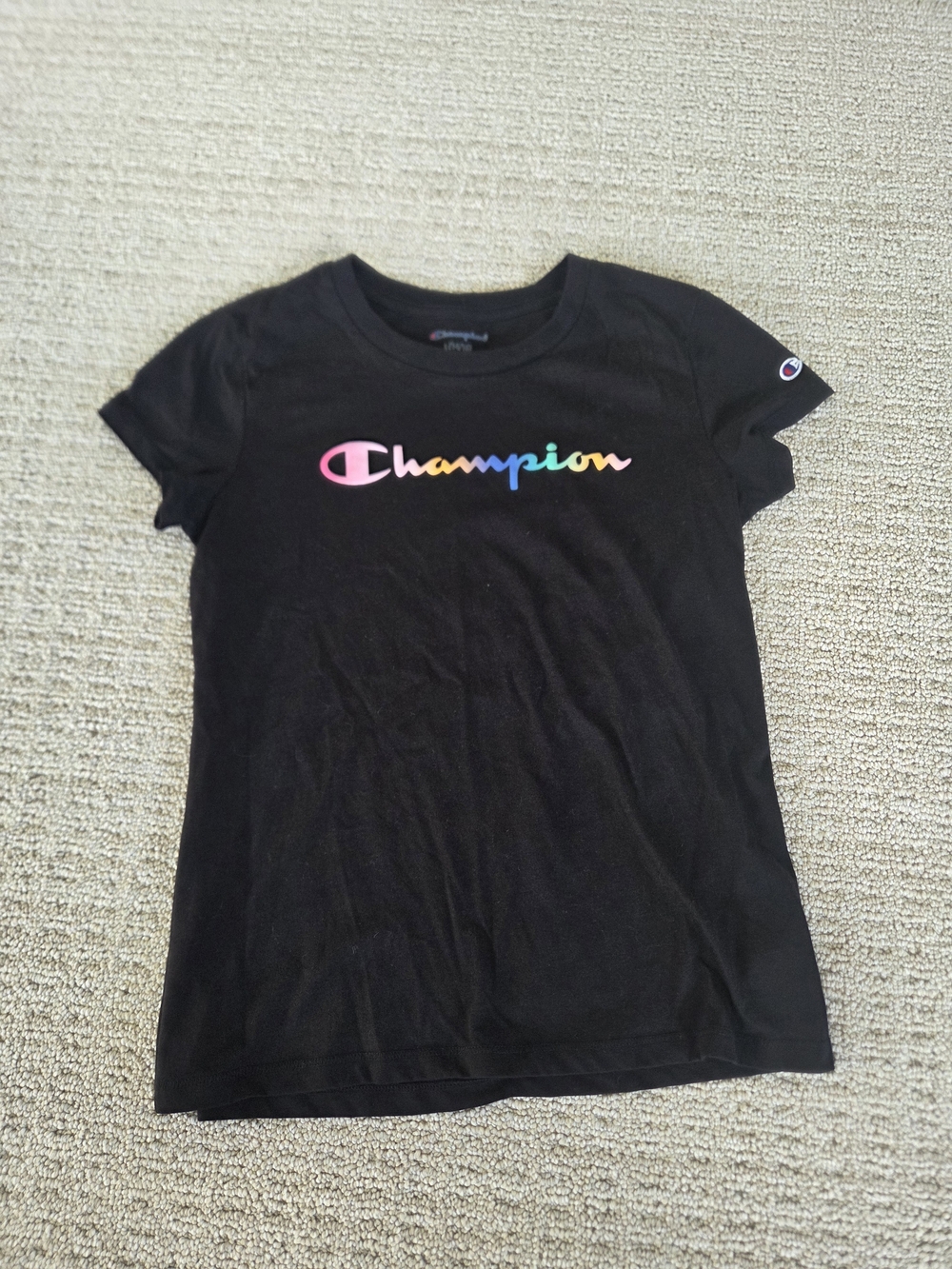 Champion Black Tee with Rainbow Script Logo
